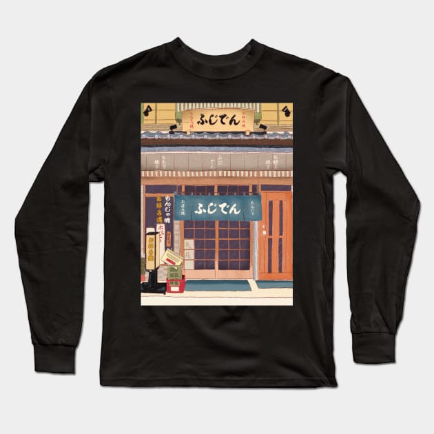 Japanese Storefront Landscape Drawing Illustration Long Sleeve T-Shirt by MariOyama